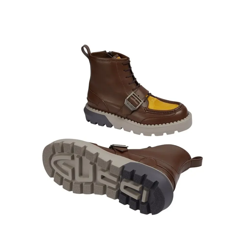 NIB Gucci GG Lace-Up Boots 9 US 9.5 Brown Leather Yellow Insert Side Zip $1600 - Picture 2 of 16